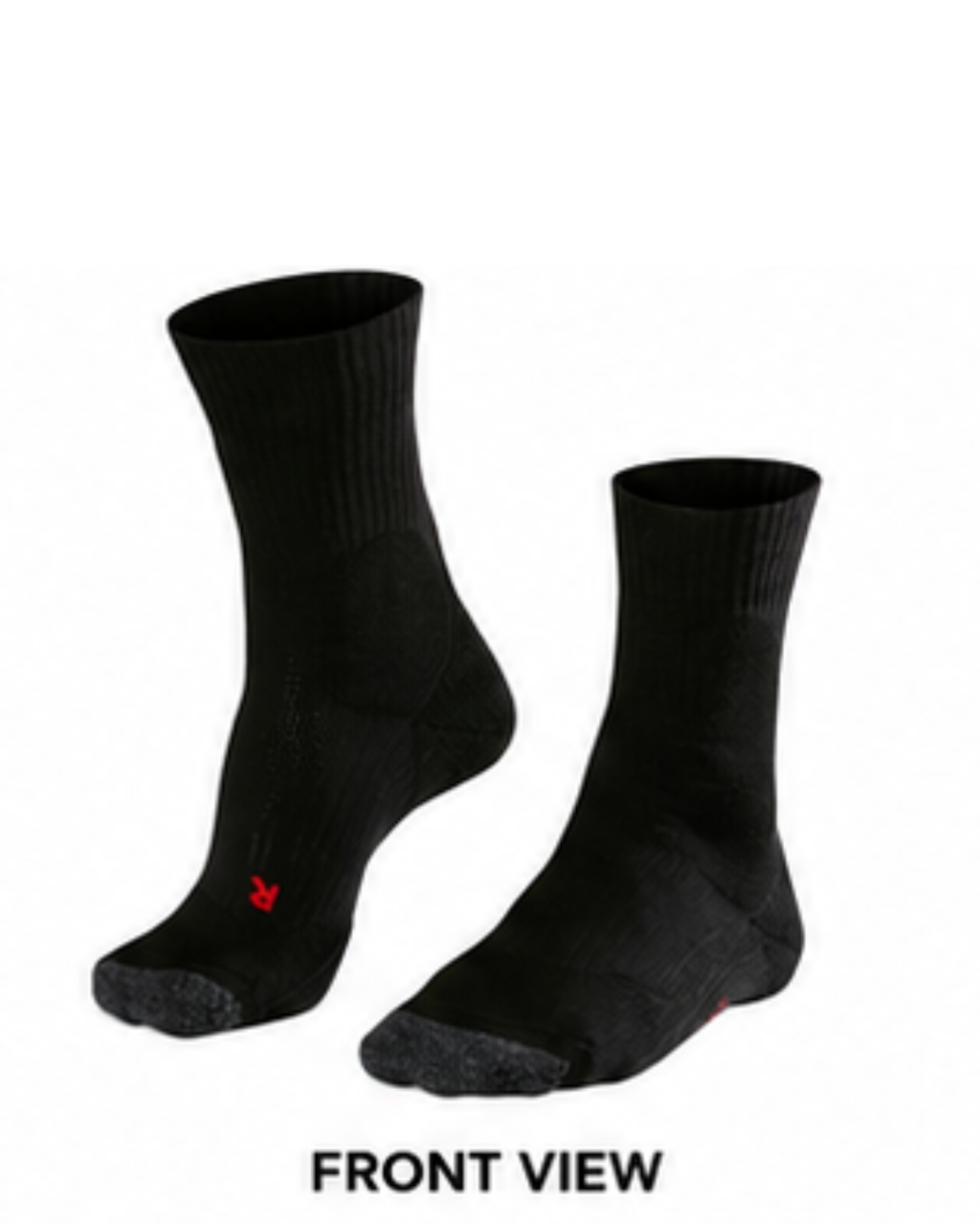 A pair of black crew socks shown from the front on a white background, with the text 'FRONT VIEW' printed below.