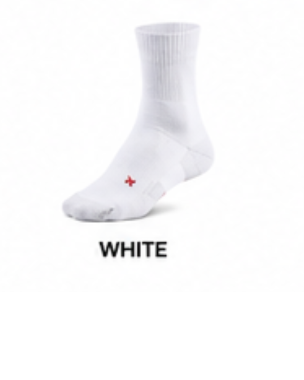A single white crew sock with a small red cross logo on the instep, shown against a plain white background with the word 'WHITE' printed below.