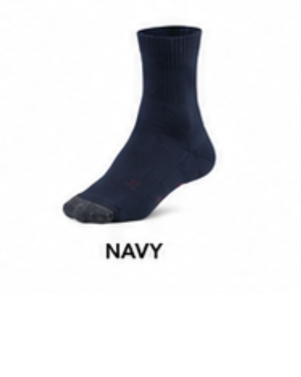 A single navy blue crew sock with a dark gray toe, shown on a plain white background with the word 'NAVY' printed below.