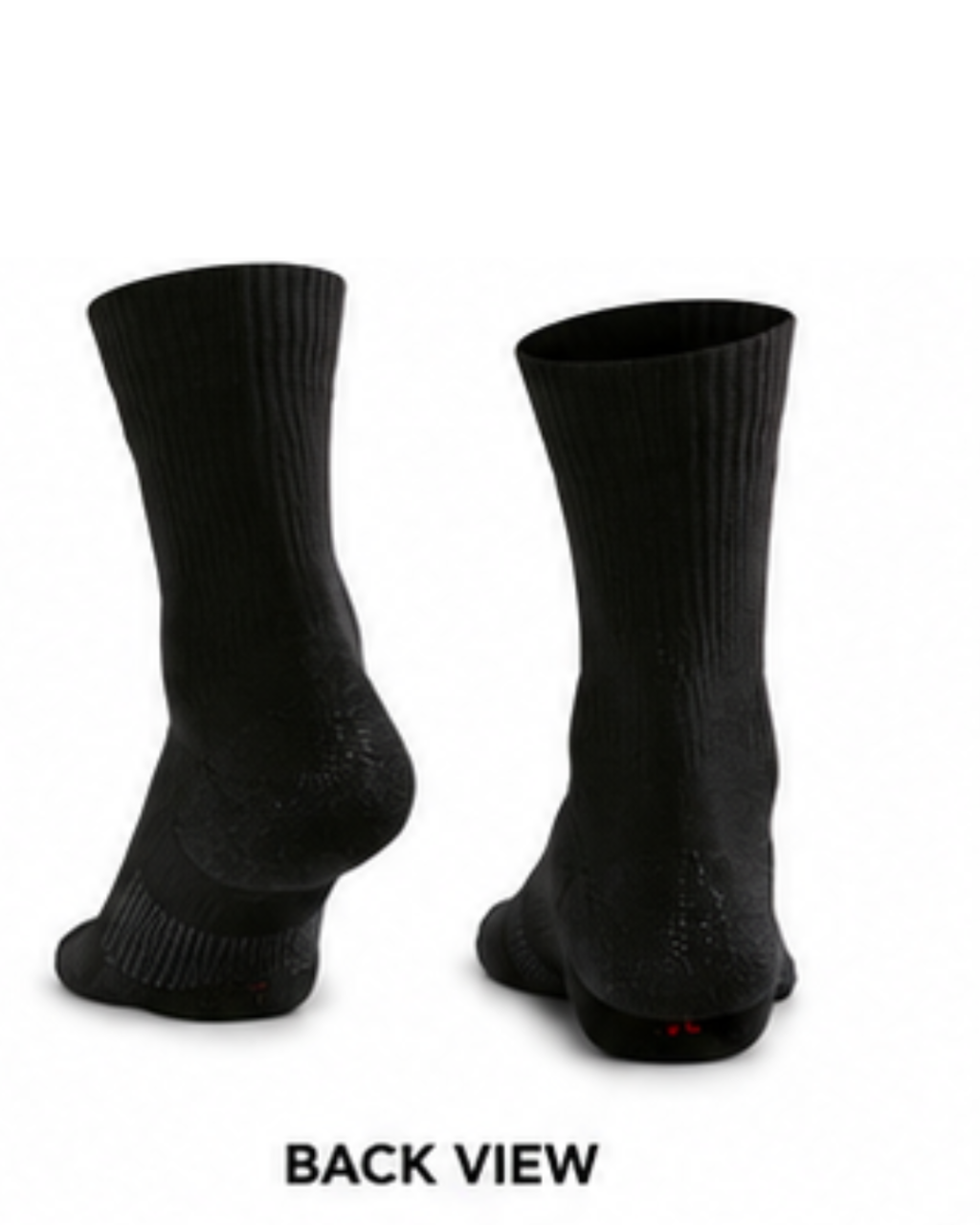 A pair of black crew socks shown from the back on a white background, with the text 'BACK VIEW' printed below.
