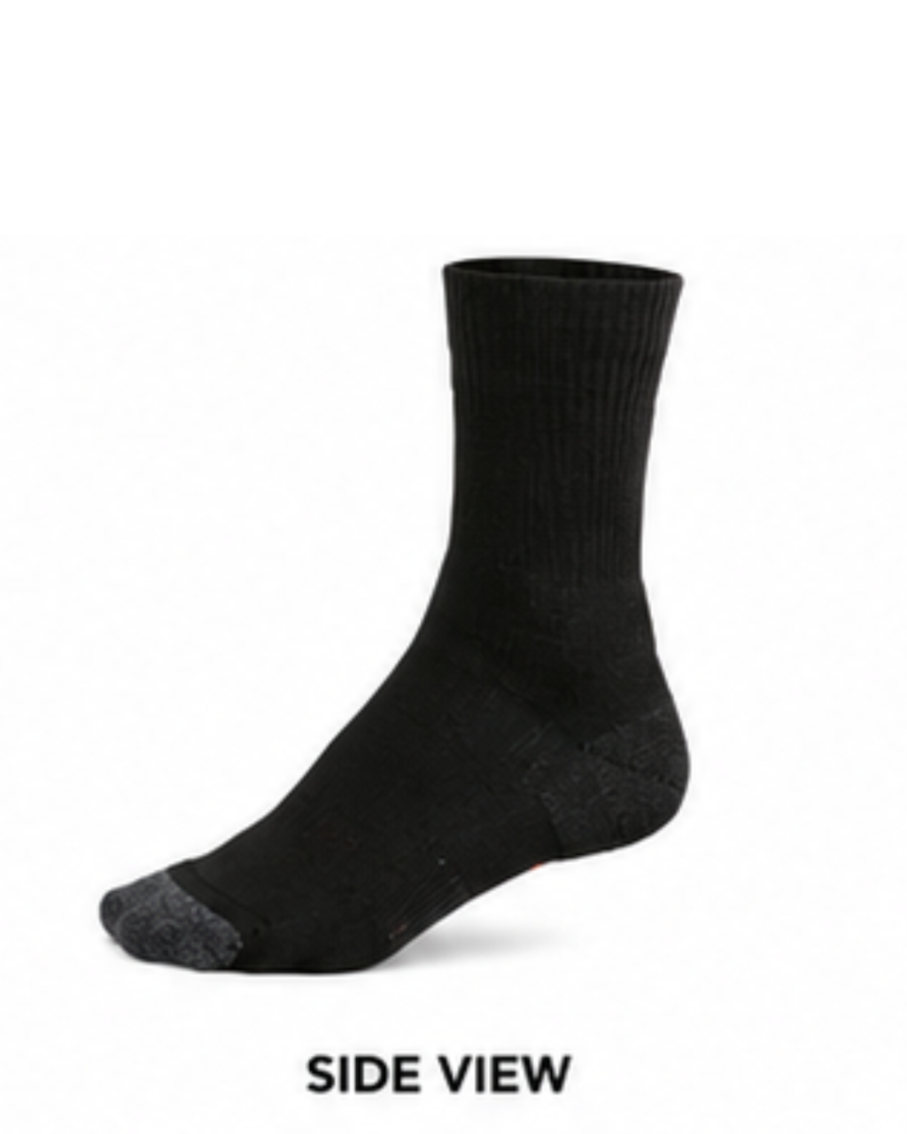 A single black crew sock shown in a side profile view on a white background, with the text 'SIDE VIEW' printed below it.