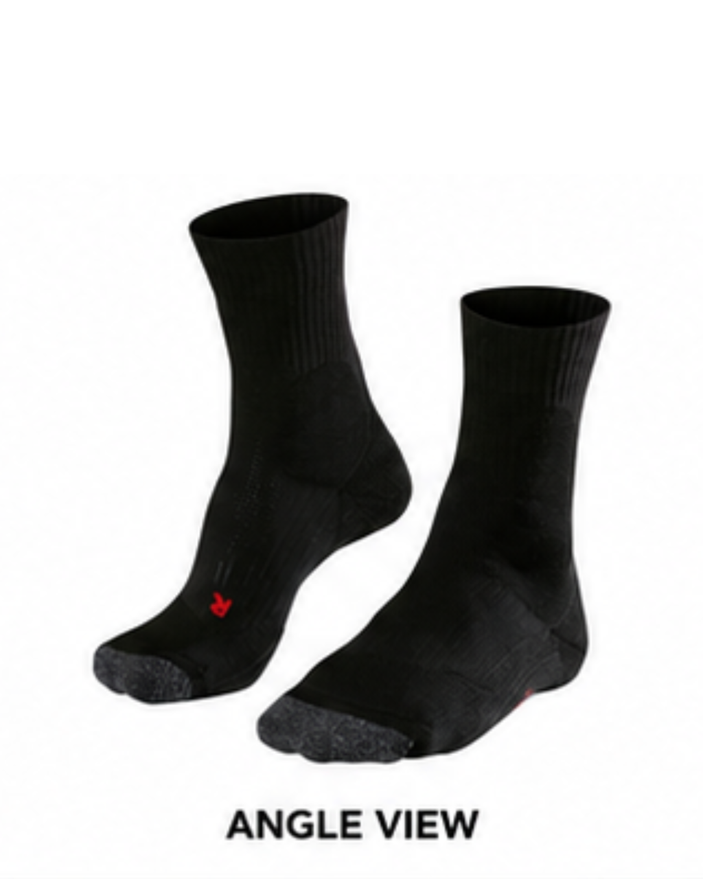 A pair of black crew-length athletic socks shown from an angled view on a plain white background, with a small red logo on the sole of one sock and the text 'ANGLE VIEW' below.