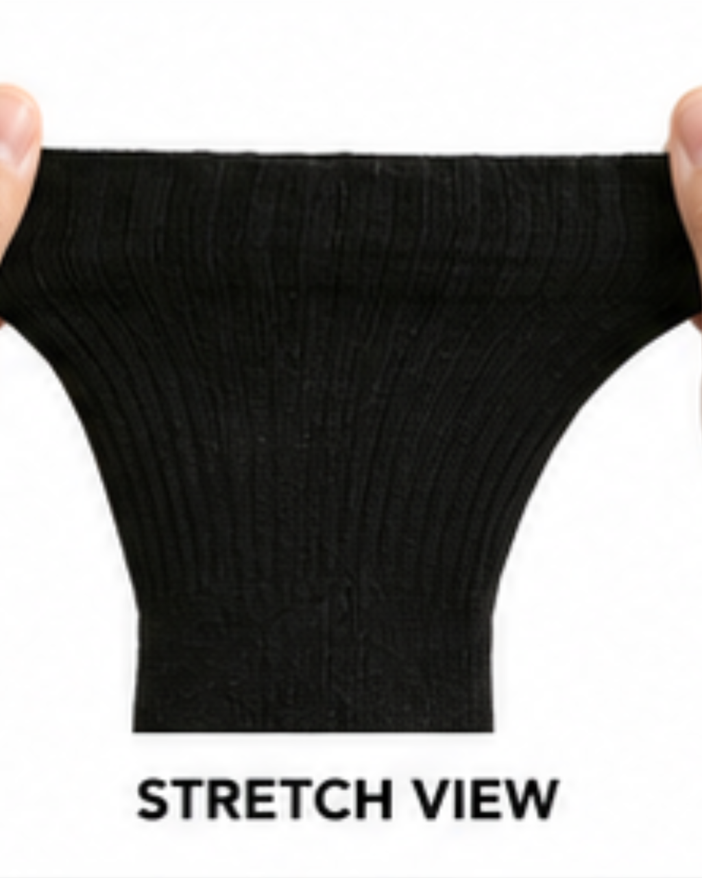 A close-up of a black ribbed knit fabric being stretched horizontally by two fingers, with the text 'STRETCH VIEW' below on a white background.