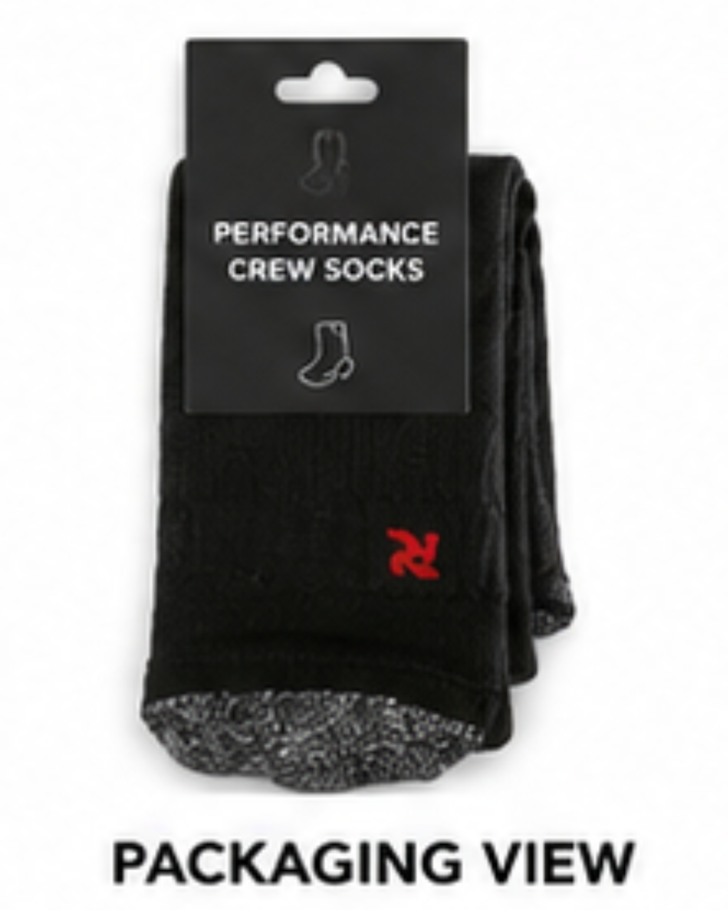Black crew socks with a red logo, packaged on a black card labeled 'PERFORMANCE CREW SOCKS' with 'PACKAGING VIEW' text below.