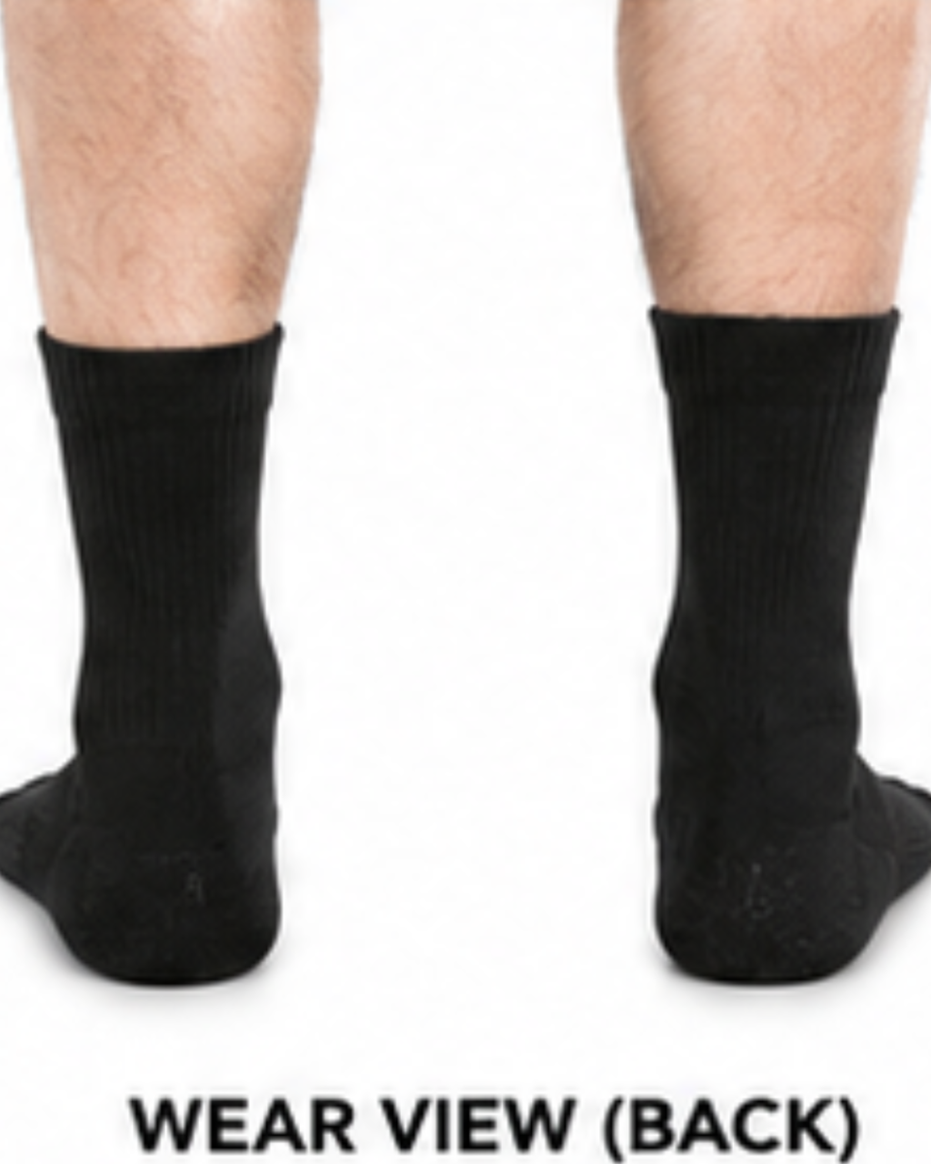 Black crew socks worn on a person's feet, shown from the back with the text 'WEAR VIEW (BACK)' at the bottom, on a white background.