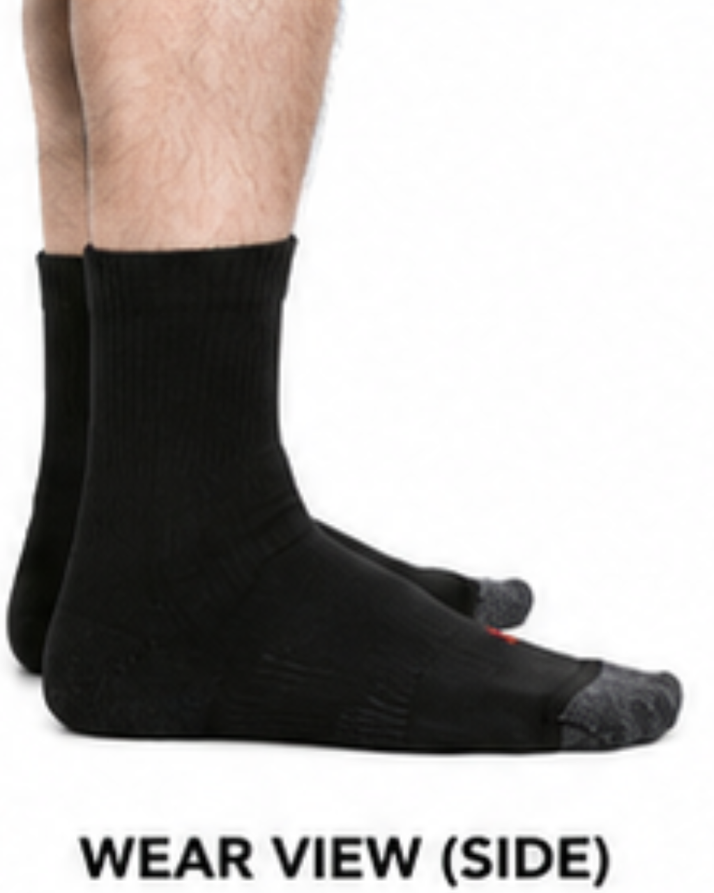 Black crew socks worn on feet, shown from the side with the text 'WEAR VIEW (SIDE)' below, on a white background.