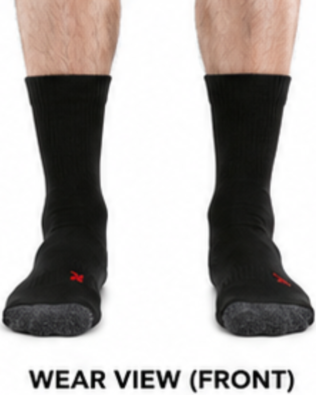 Black crew socks worn on a person's feet, shown from the front with text at the bottom reading 'WEAR VIEW (FRONT)'.