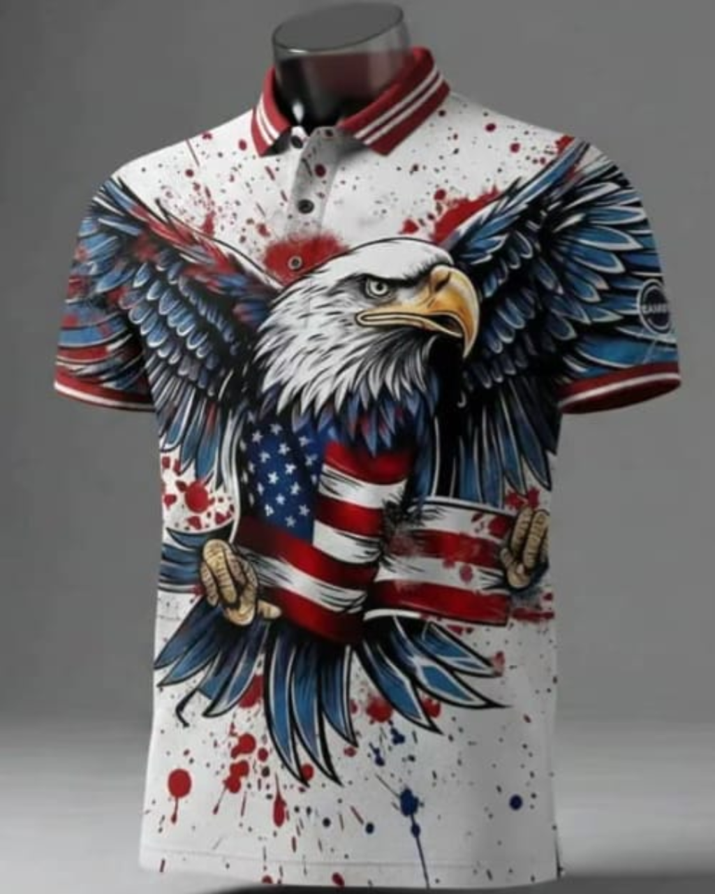 Polo shirt with an eagle and American flag design on a gray background