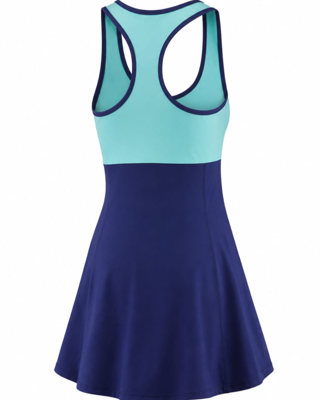 A women's colorblock racerback tank dress with a light aqua upper section and a navy blue flared skirt, shown against a plain white background.