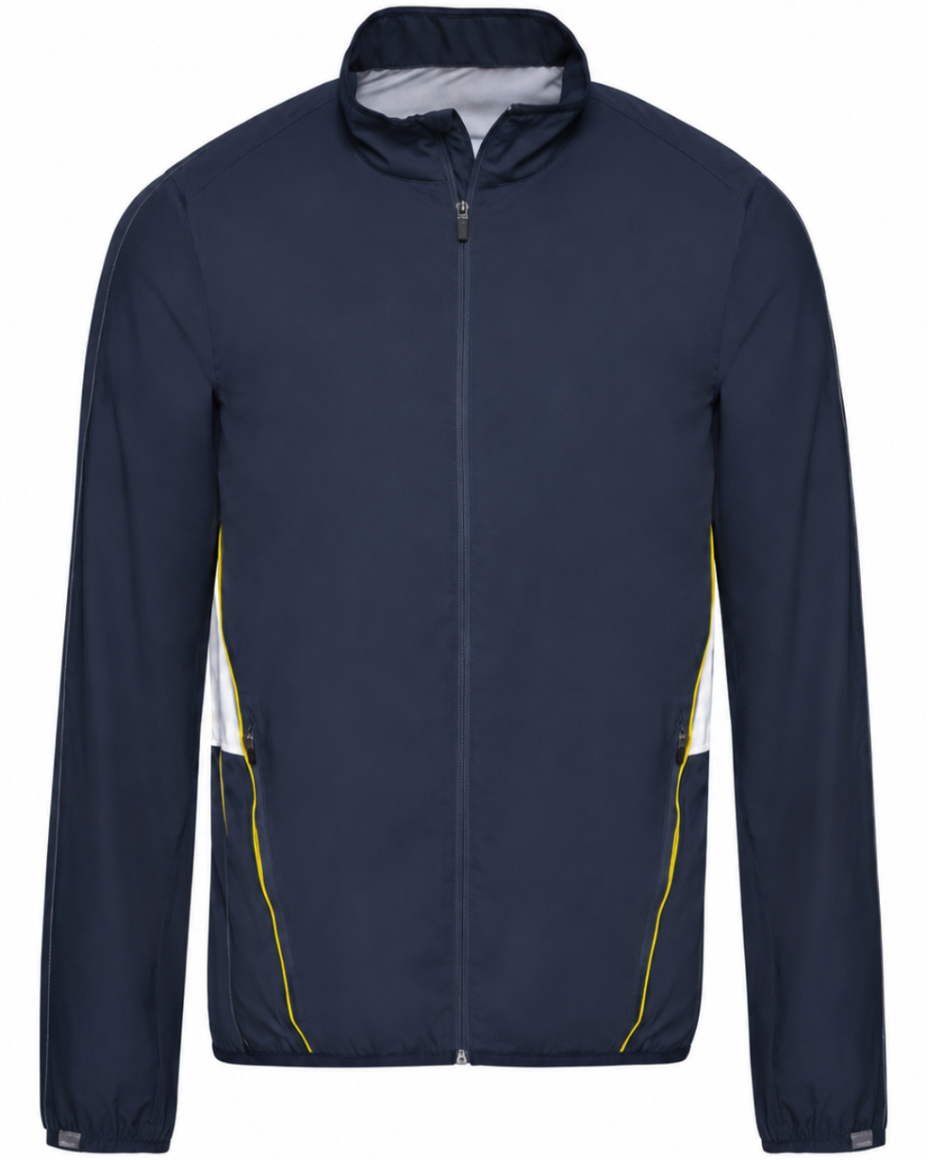 A navy blue lightweight zip-up jacket with a stand-up collar, featuring yellow piping accents along the side pockets and a white vertical stripe on the chest.