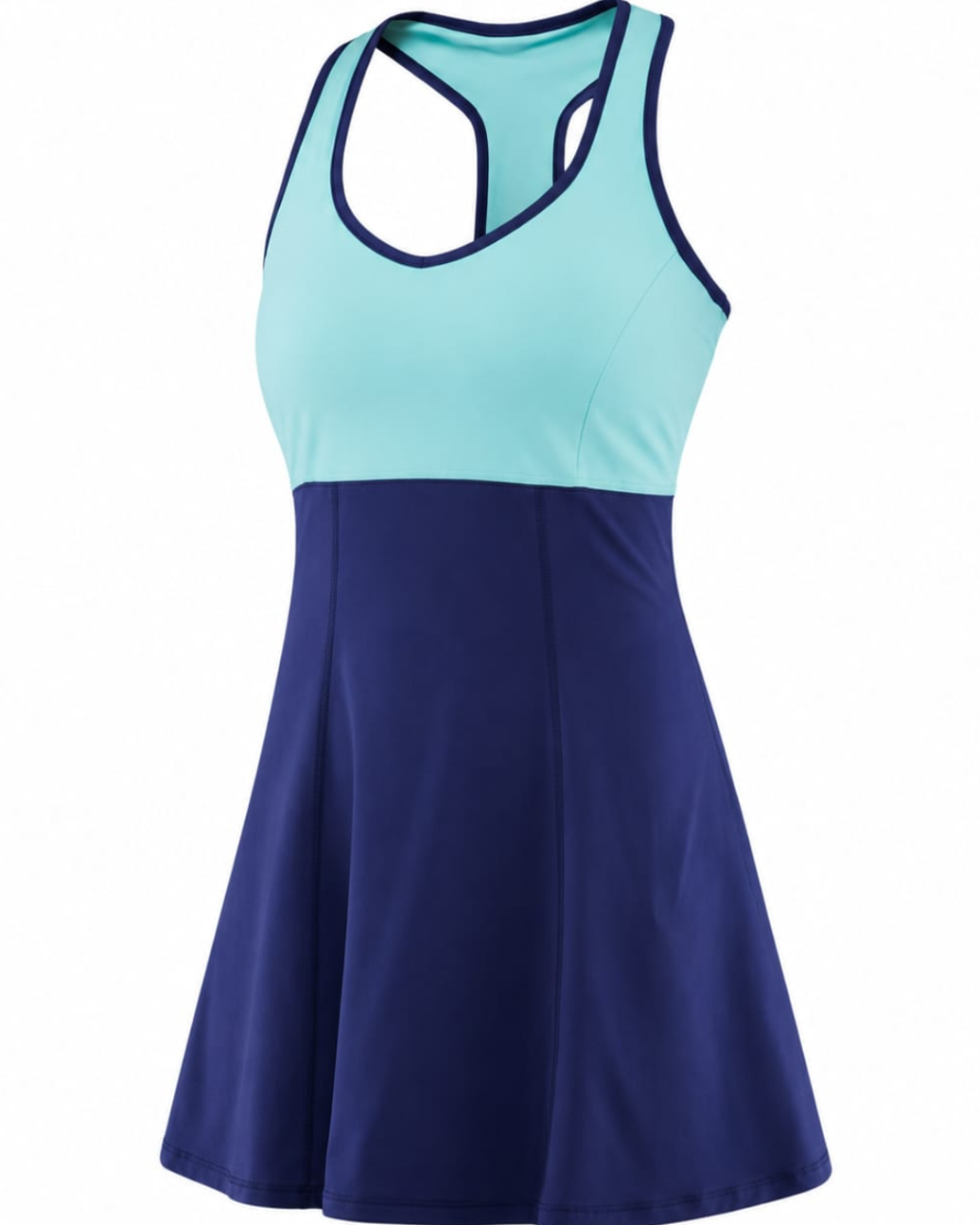 A women's colorblock athletic tank dress with a light aqua upper bodice and a navy blue flared skirt, featuring a racerback design with a keyhole cutout at the neck.