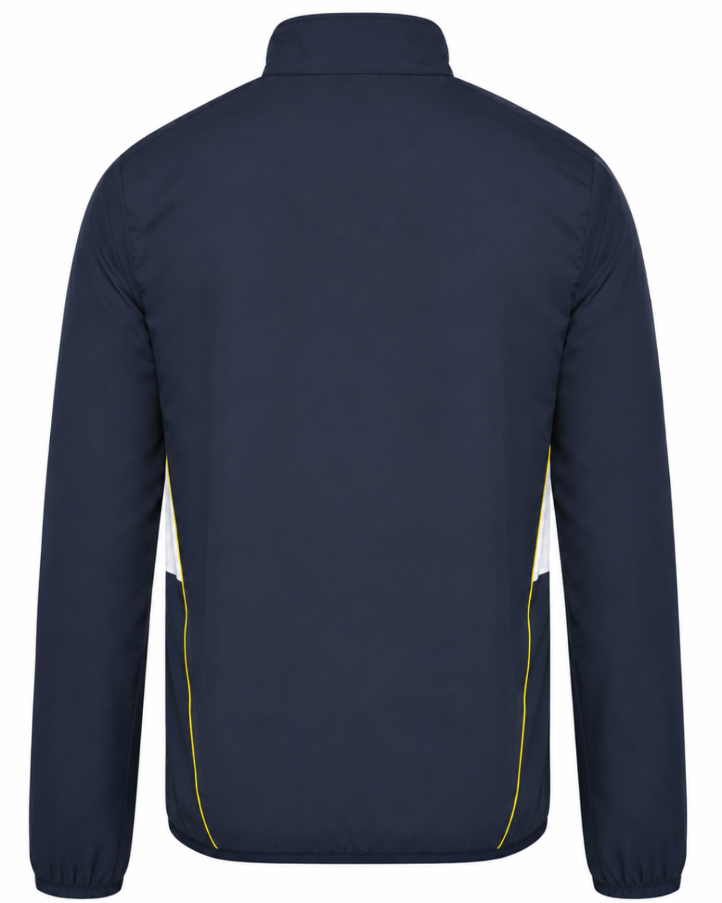The back view of a navy blue zip-up jacket with yellow piping details along the side seams, shown on a plain white background.