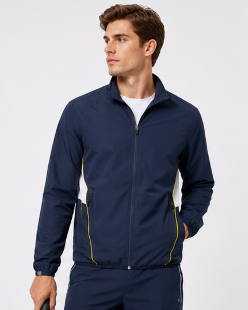 A man wearing a navy blue zip-up athletic jacket with white side panels and yellow piping details, paired with matching navy pants, against a light gray studio background.
