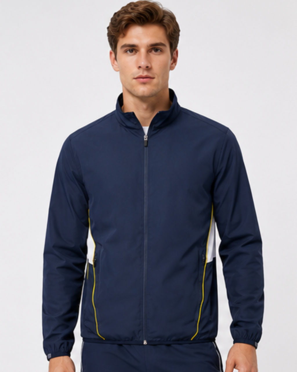 A man wearing a navy blue zip-up athletic jacket with yellow piping and white side panels, photographed against a light gray studio background.