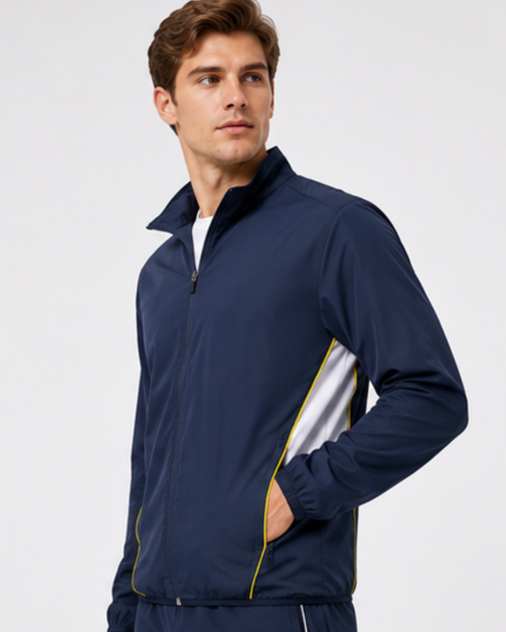 A man wearing a navy blue athletic zip-up jacket with white and yellow side stripes, photographed against a light gray studio background.
