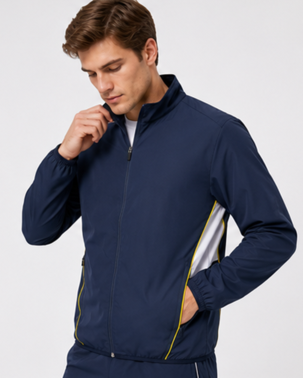 A man wearing a navy blue zip-up athletic jacket with white side panels and yellow piping details, posed against a light gray studio background.