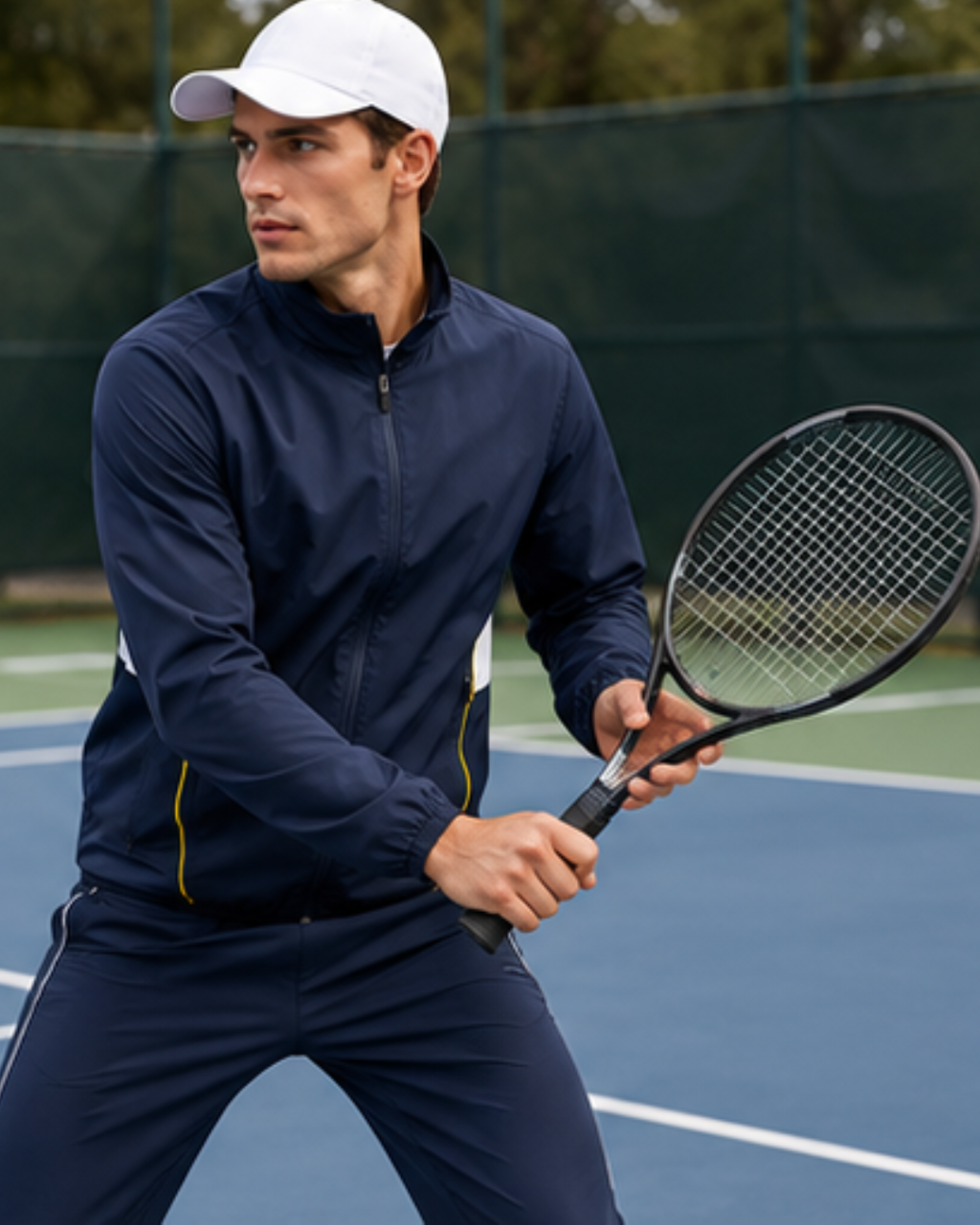 A man on a blue tennis court wearing a navy blue athletic zip-up jacket and matching pants, holding a tennis racket, with a white cap.