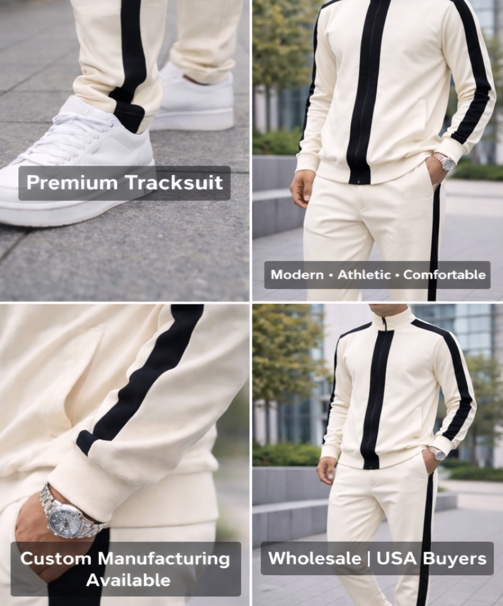 White tracksuit with black accents worn by a person, displayed in various angles.