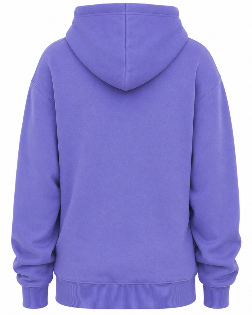 A solid purple pullover hoodie shown from the back, featuring a ribbed hem, cuffs, and hood, on a plain white background.