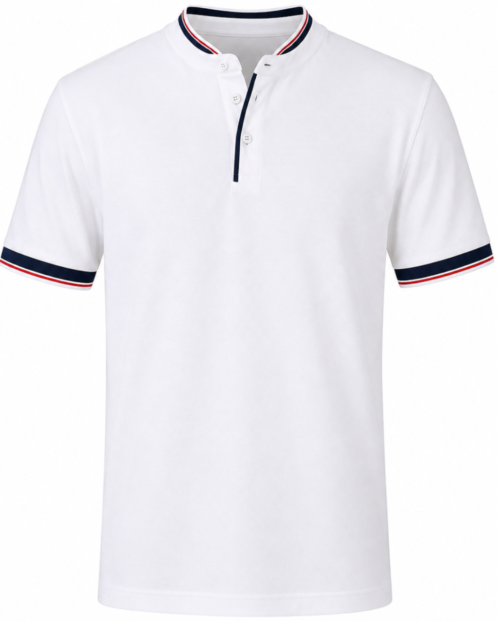 A white short-sleeve polo shirt with navy and red striped trim on the collar and sleeve cuffs, shown against a plain white background.