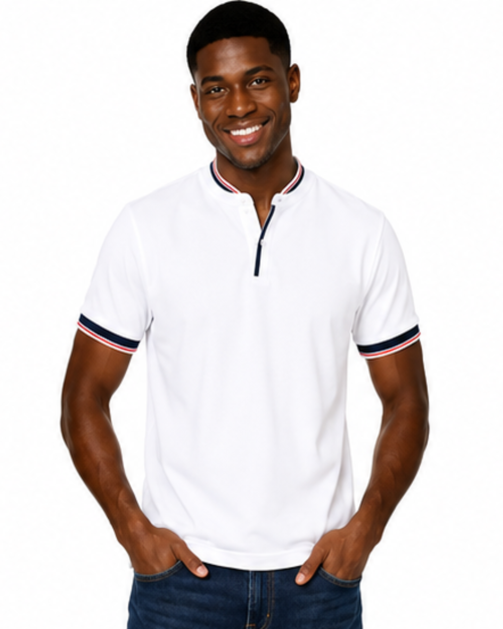 A smiling man wearing a white short-sleeve polo shirt with navy and pink striped trim on the collar and sleeve cuffs, paired with dark blue jeans, against a plain white background.