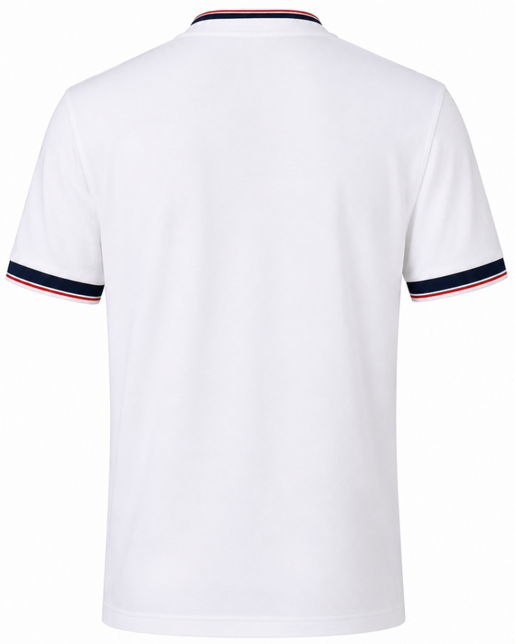 White short-sleeve polo shirt shown from the back, featuring a classic collar with red, white, and navy blue stripes, and matching striped trim on the sleeve cuffs.