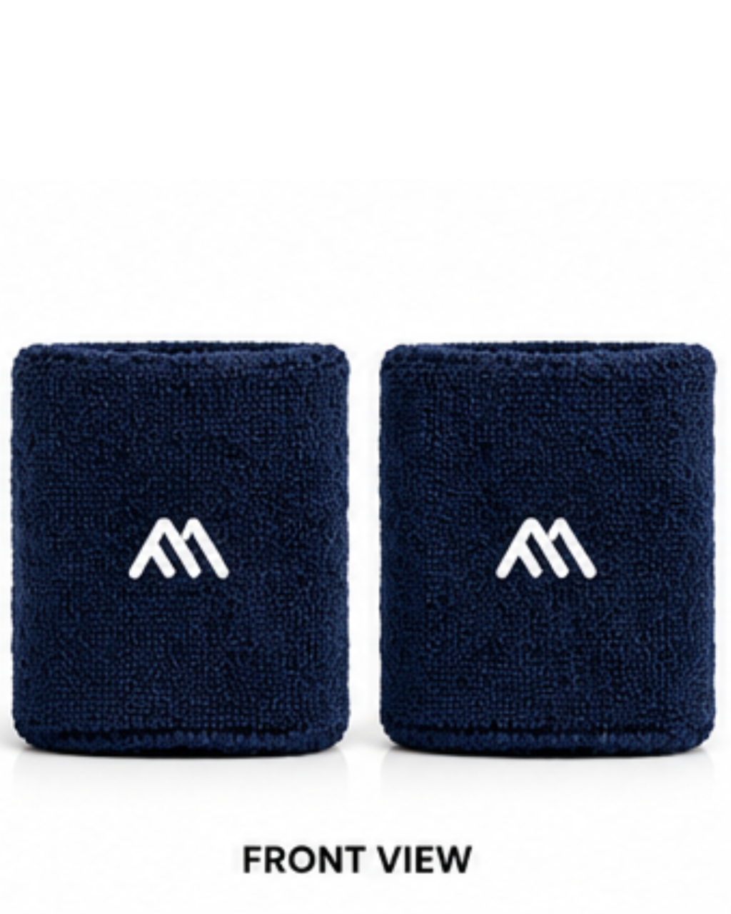 Two navy blue terry cloth wristbands with a white stylized 'M' logo, shown from the front on a white background with 'FRONT VIEW' text below.