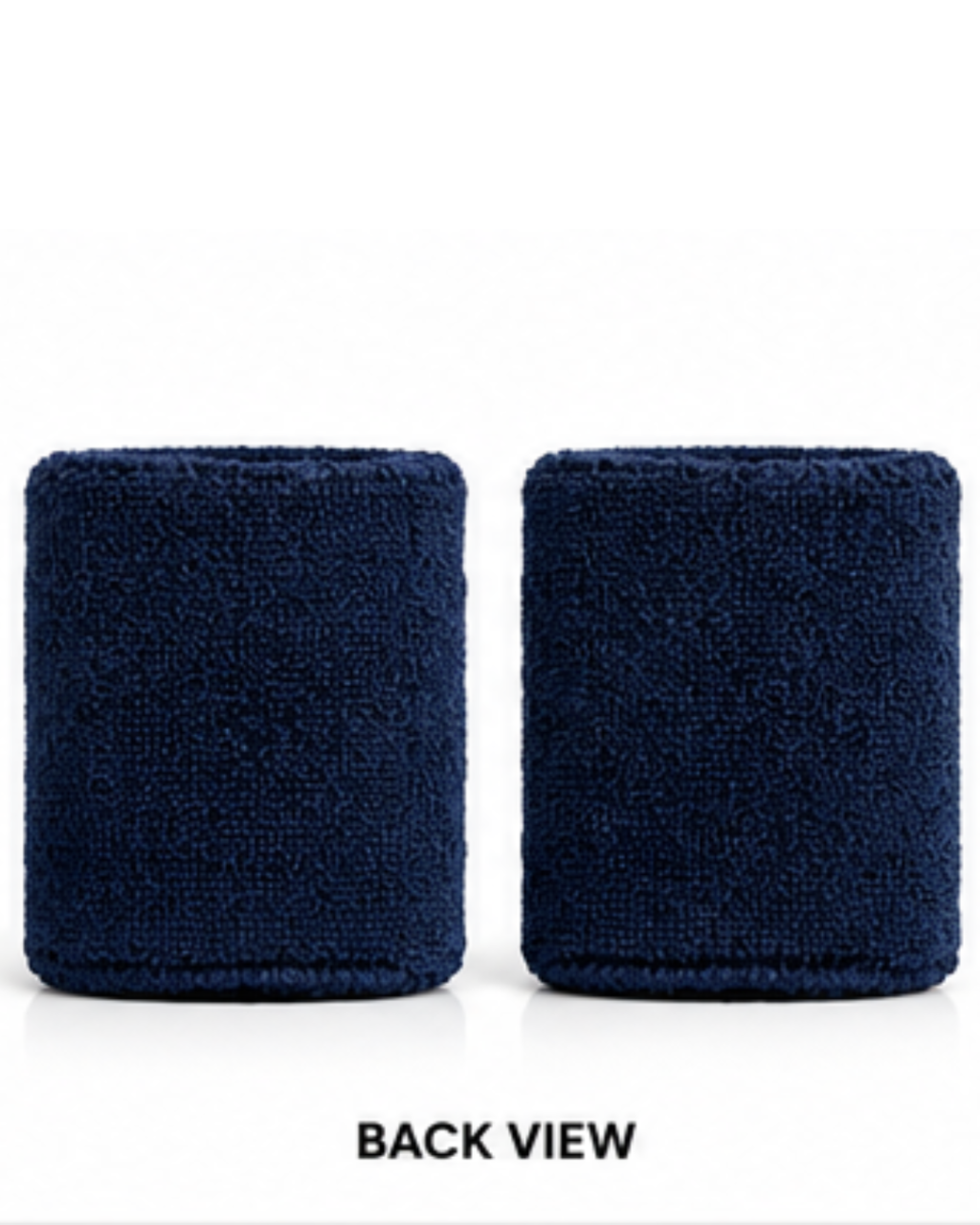 Two navy blue terry cloth wristbands shown side by side on a white background with the text 'BACK VIEW' below.