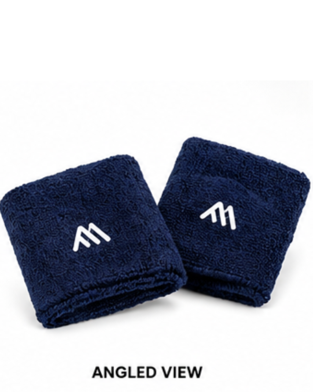 Two navy blue terry cloth wristbands with a white stylized 'M' logo, shown from an angled view on a white background with 'ANGLED VIEW' text below.