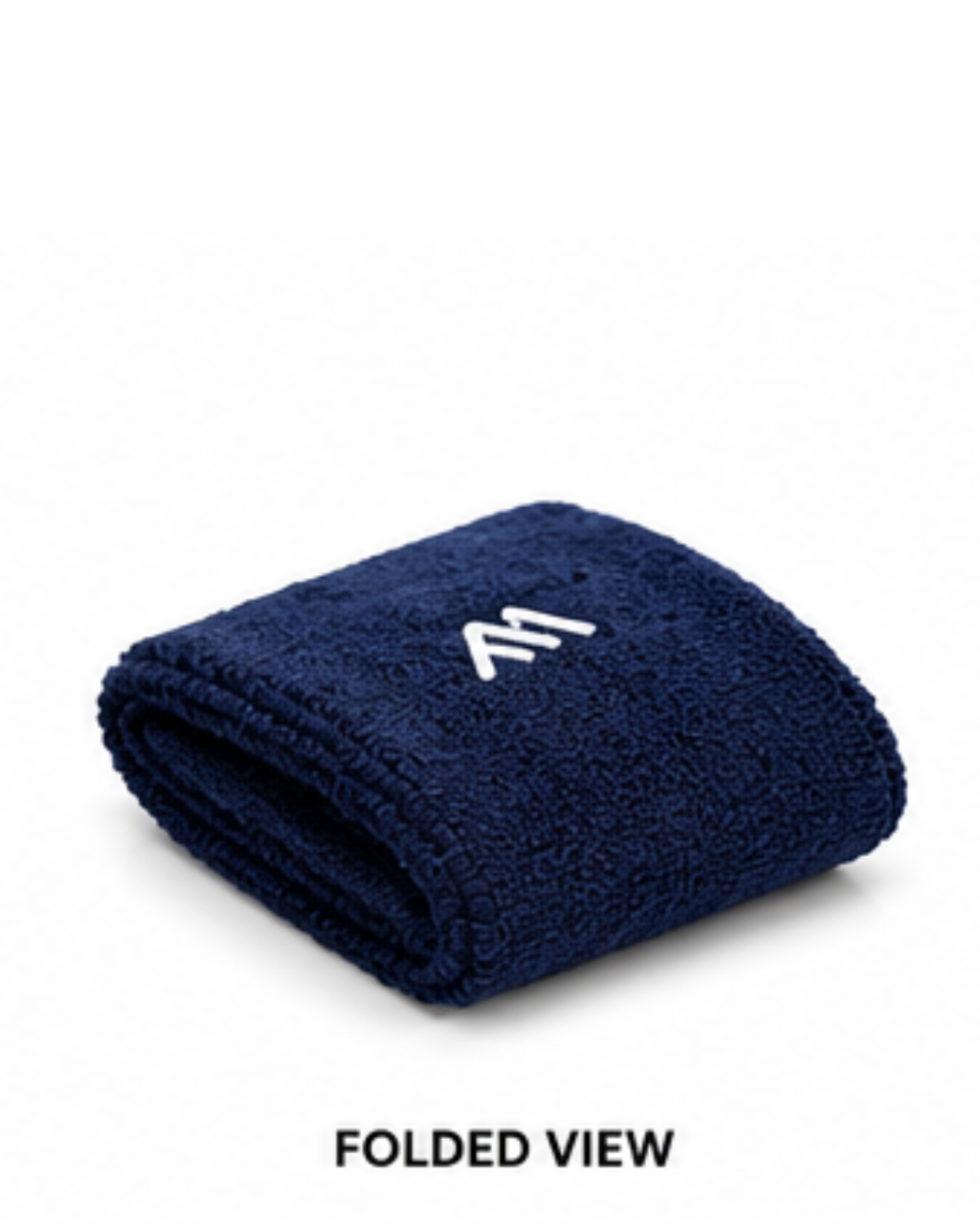 A folded navy blue terry cloth towel with a white stylized 'M' logo on the front, shown on a white background with the text 'FOLDED VIEW' below.