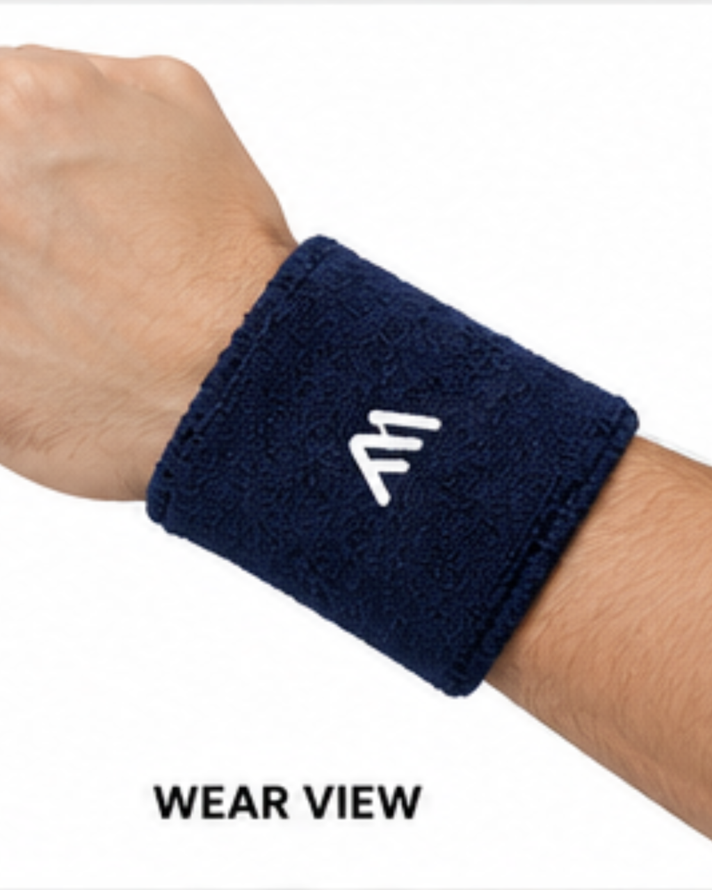 A navy blue textured wristband with a white stylized 'M' logo, shown worn on a person's wrist against a white background with 'WEAR VIEW' text below.