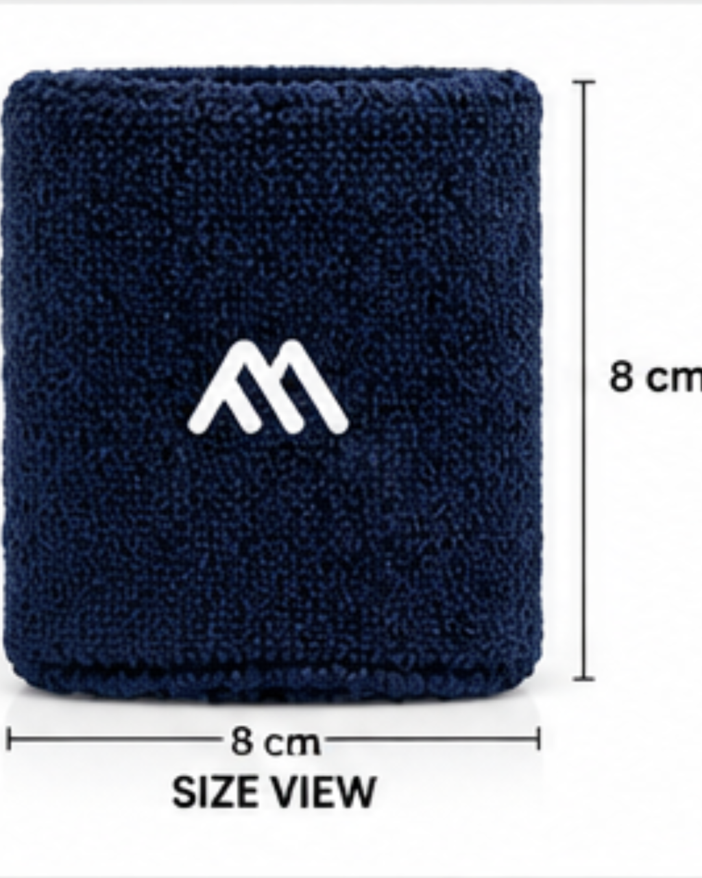 A navy blue textured wristband with a white stylized 'M' logo, shown with dimension lines indicating 8 cm by 8 cm size view.