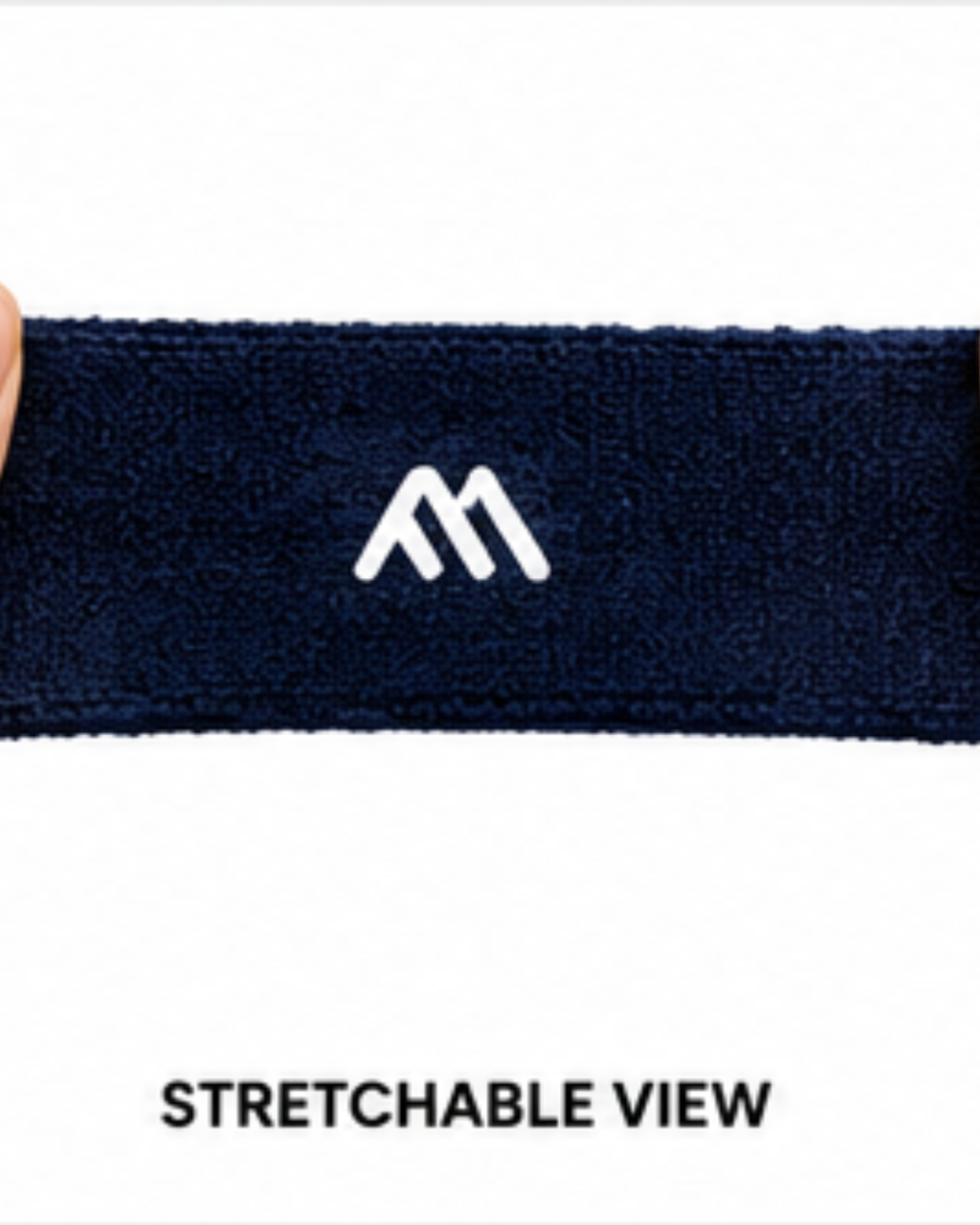 A close-up of a dark navy blue textured athletic headband with a white stylized 'M' logo in the center, held by a finger on the left. Below the headband, the text 'STRETCHABLE VIEW' is printed on a white background.