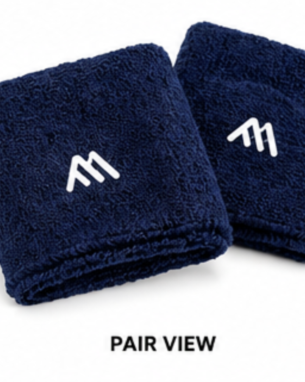 Two navy blue terry cloth wristbands with a white stylized 'M' logo, shown on a white background with the text 'PAIR VIEW' below.