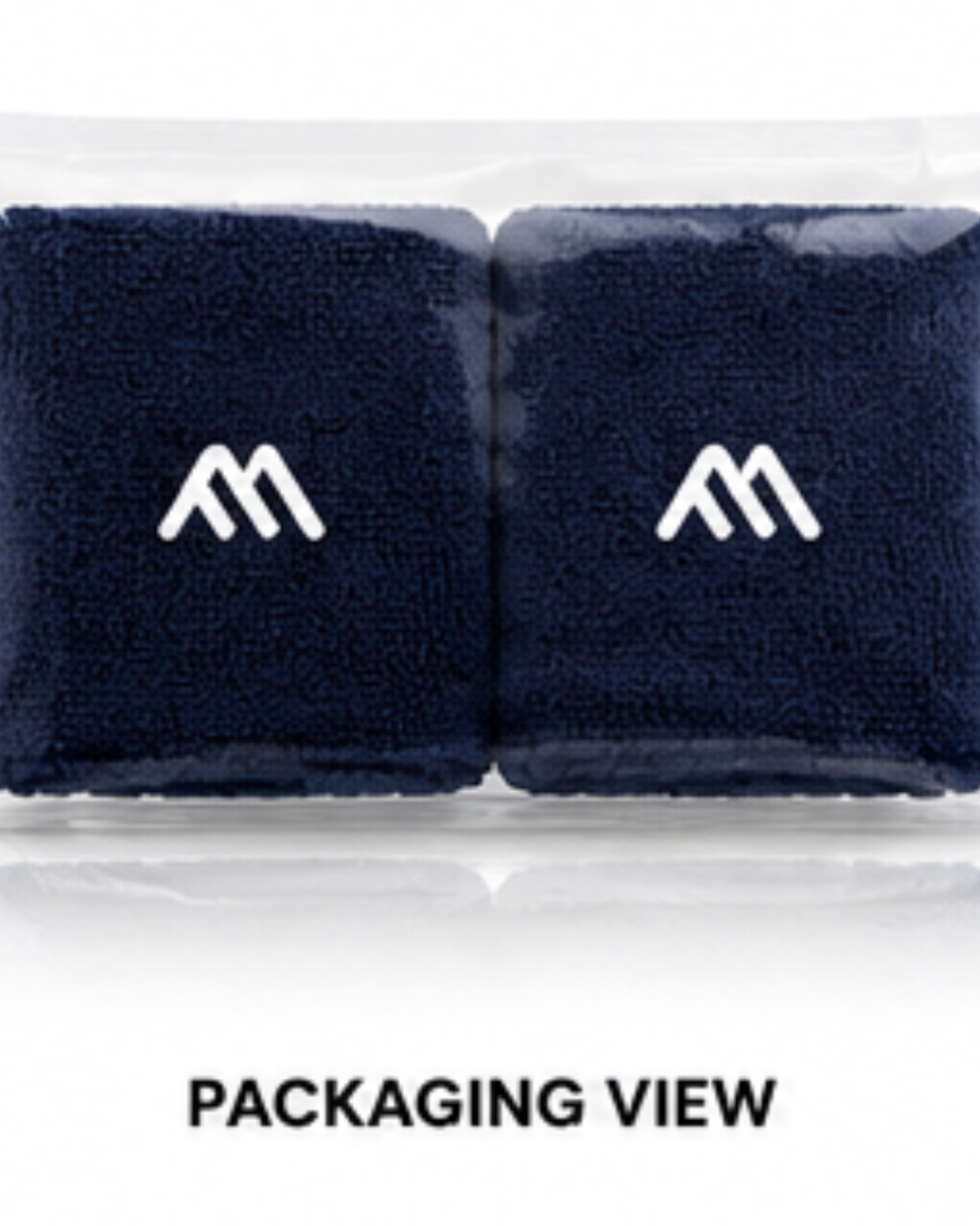 Two navy blue terry cloth wristbands with a white stylized 'M' logo, shown inside clear retail packaging with the text 'PACKAGING VIEW' below.